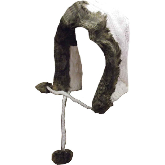 Women's Winter Chunky Knit Hood Hat with Faux Fur Trim and Pom Poms Warm Acrylic One Size Fits All in Cream Beige and Black by Sock Stack