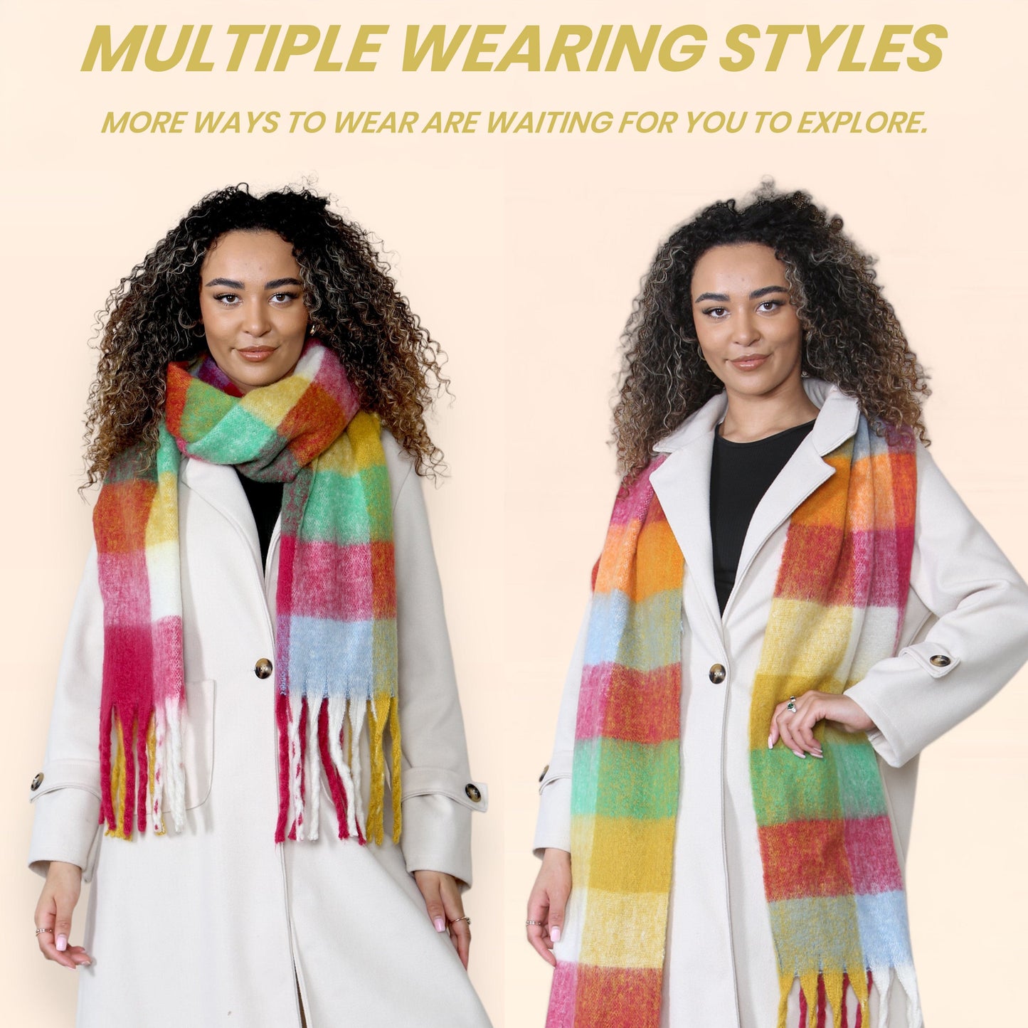 Women’s Yellow Burgundy Chunky Knit Bright Plaid Blanket Scarf Long Winter Wrap Warm Check Shawl with Tassels Gift for Ladies by Daisy Dreamer