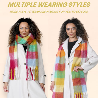 Women’s Yellow Burgundy Chunky Knit Bright Plaid Blanket Scarf Long Winter Wrap Warm Check Shawl with Tassels Gift for Ladies by Daisy Dreamer