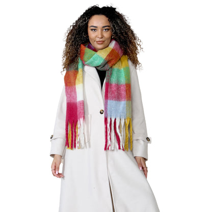 Women’s Yellow Burgundy Chunky Knit Bright Plaid Blanket Scarf Long Winter Wrap Warm Check Shawl with Tassels Gift for Ladies by Daisy Dreamer